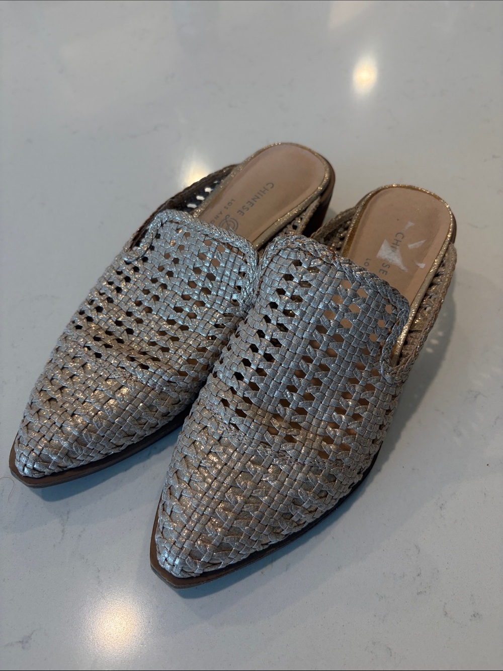 Chinese Laundry Metallic Woven Mule Slides -gold